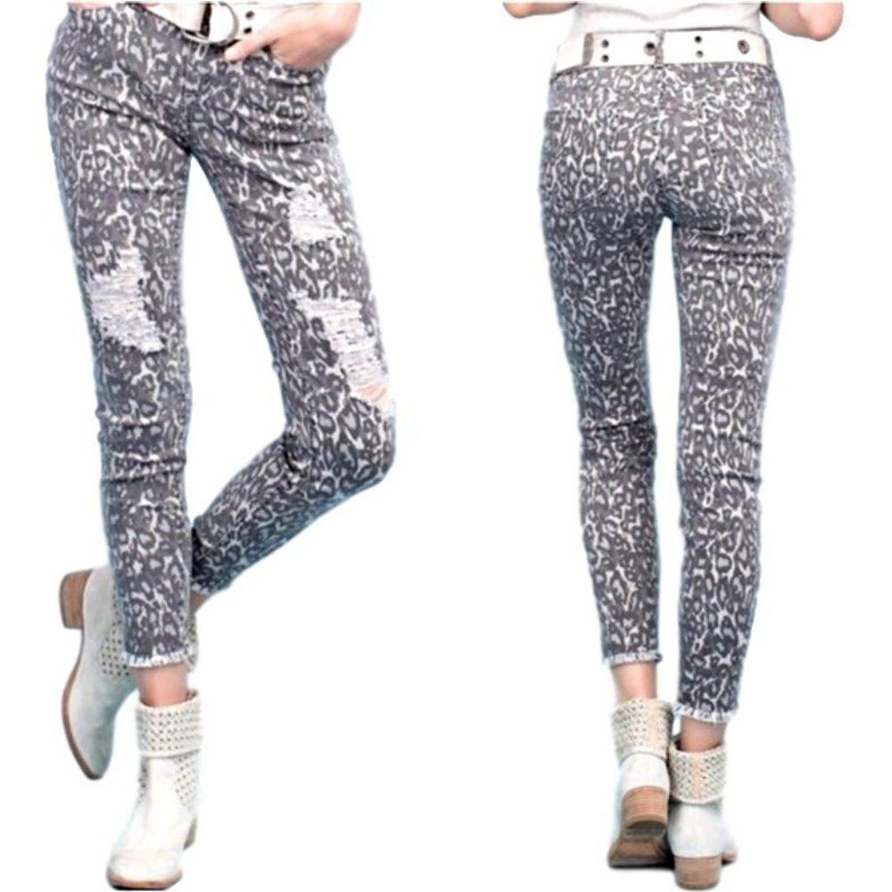Distressed Grey Animal Print Stretch Jeans NEW
